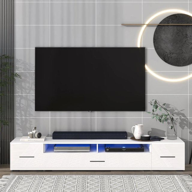 Extended TV stand with Color Changing LED Lights, Modern Universal Entertainment Center, High Gloss TV Cabinet for 90+ inch TV My Lux Decor Round