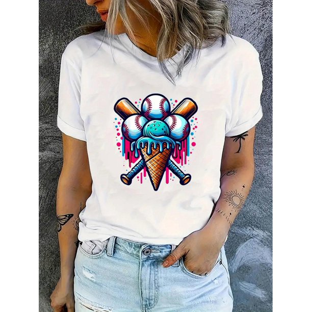 Simple Baseball Ice Cream Pattern Print T-shirt, Short Sleeve Crew Neck Casual Top For Summer & Spring, Women's Clothing