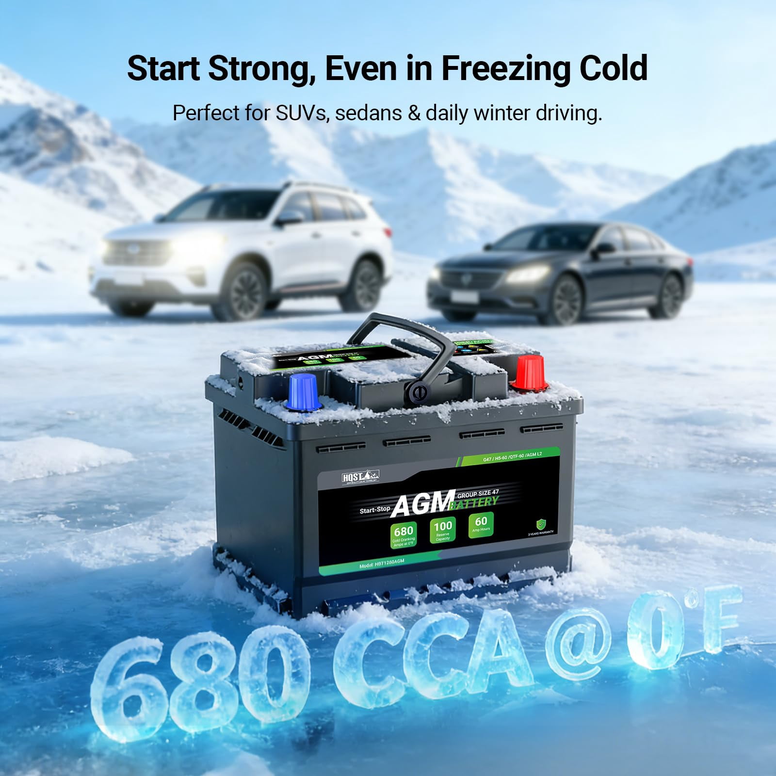 HQST H5 Group 47 AGM Automotive Battery, 12V 60Ah 680 CCA 100RC, Start-Stop Car Battery for Sedan, SUV, Truck, Maintenance-Free Automotive Replacement Battery