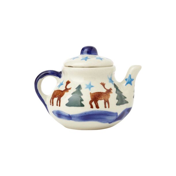 Polish Pottery HandPainted Reindeer Deer Pine Snowflake Teapot Ornament