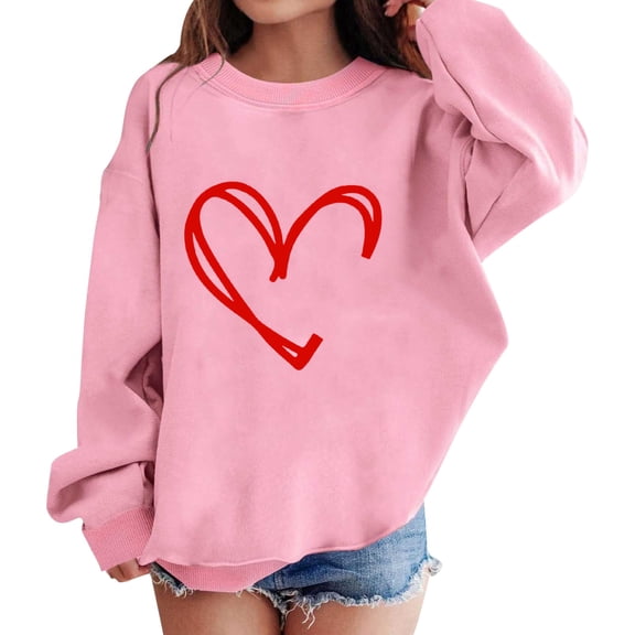 KAUOD Teen Girls Crew Neck Sweatshirts Cute Heart Print Long Sleeve Pullover Tops Clothes Kids Cotton Soft Walking Hoodies