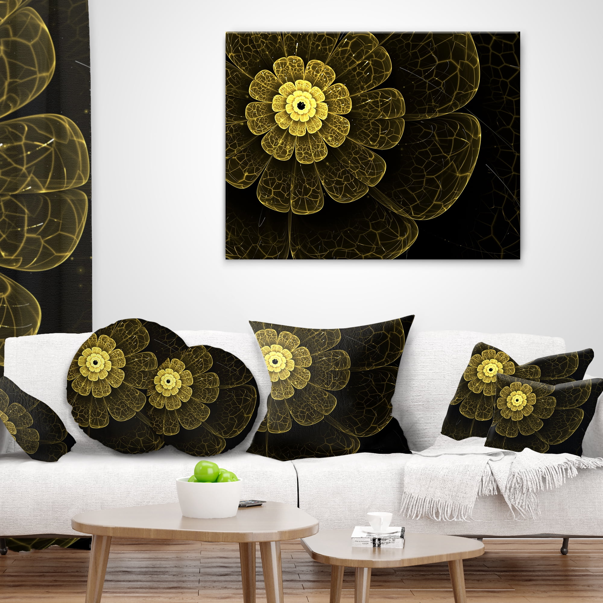 Designart Light Yellow Metallic Fabric Flower - Abstract Throw Pillow - 18x18