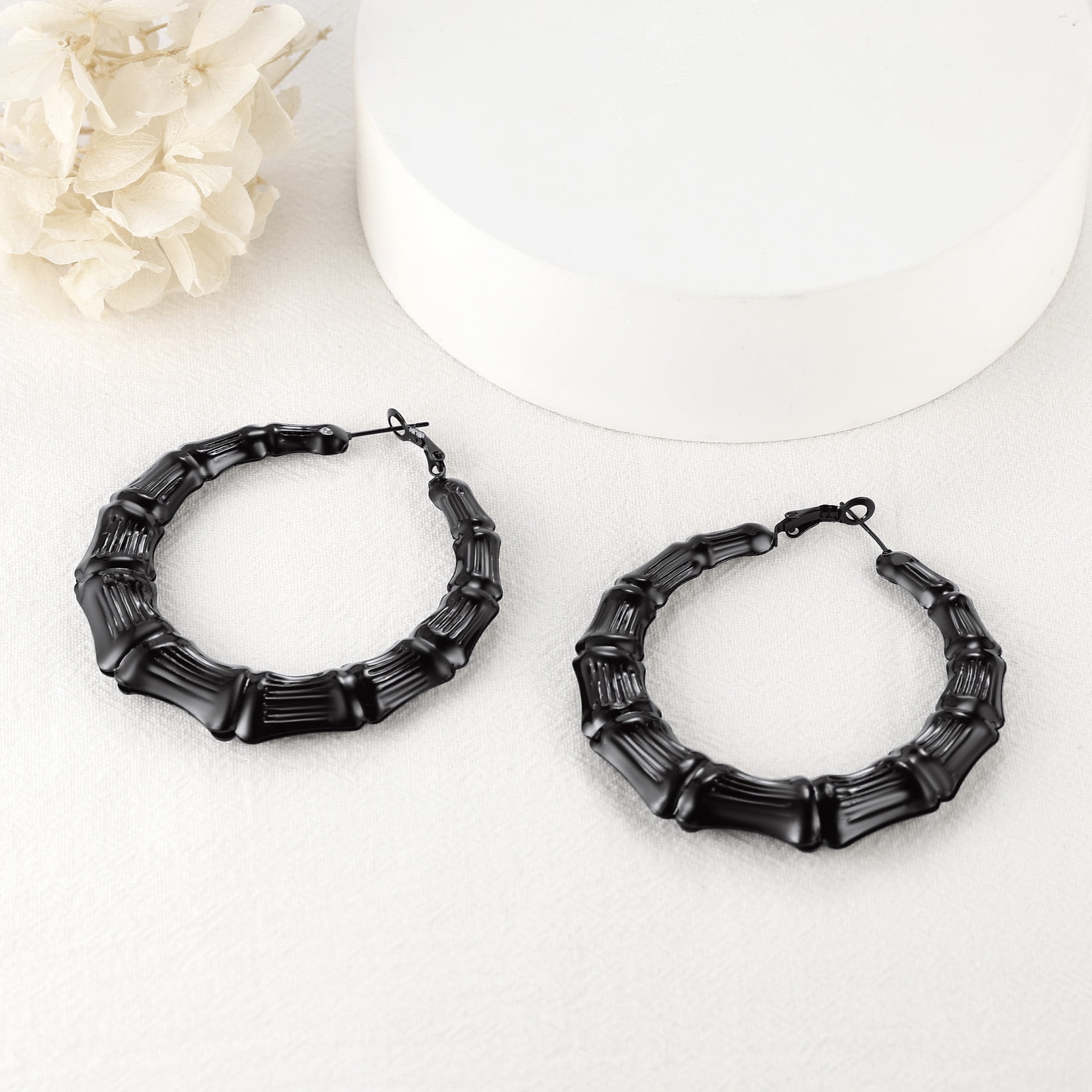 U7 Black Big Hoops Bamboo Earring Cool Women's Earrings 60mm Stainless Steel Hoops Christmas Jewelry