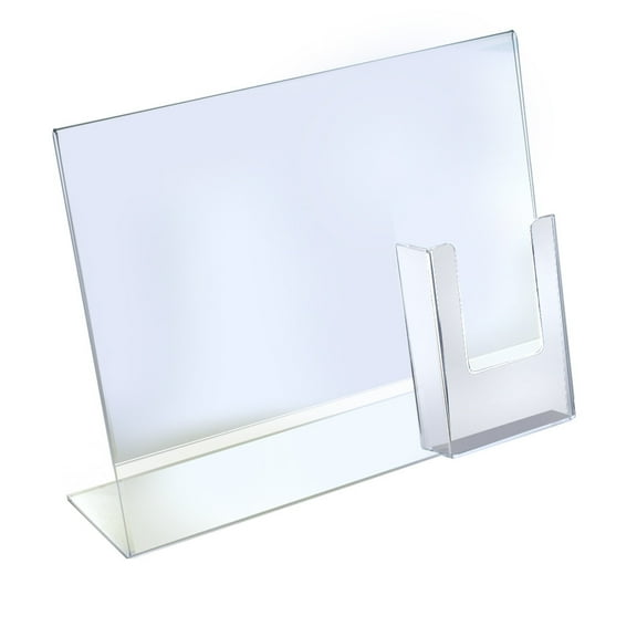L-Shaped Sign Holder w/ Trifold Pocket: 8.5" W X 11" H Graphic Size. Overall Frame Size: 14" W x 11" H, 2-Pack