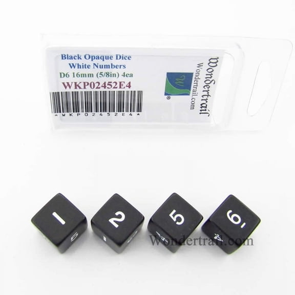Black Opaque Dice with White Numbers D6 16mm (5/8in) Pack of 4 Wondertrail