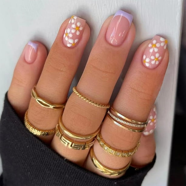 24 piezas de uñas postizas con punta corta, uñas adhesivas cuadradas, uñas postizas con diseño de margaritas y flores, uñas postizas de color morado, uñas acrílicas de cobertura total,