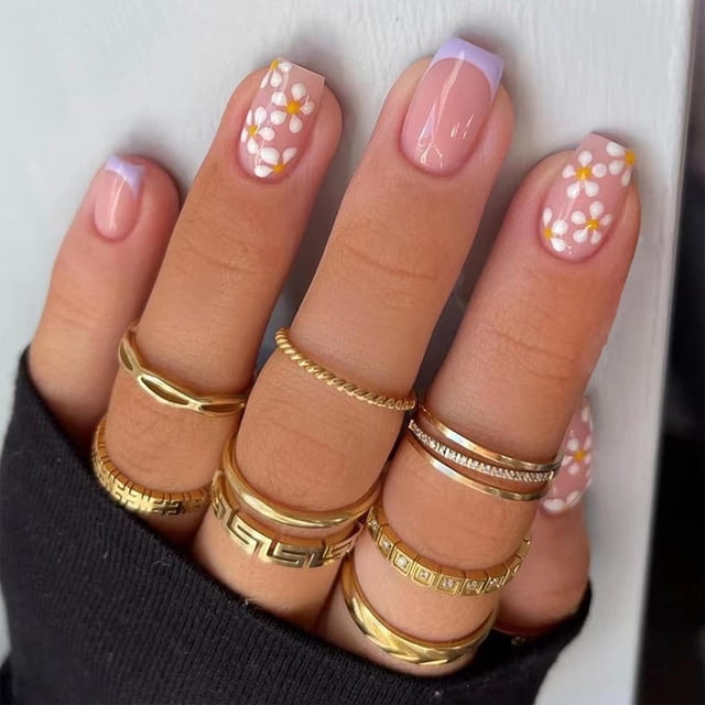 24 piezas de uñas postizas con punta corta, uñas adhesivas cuadradas, uñas postizas con diseño de margaritas y flores, uñas postizas de color morado, uñas acrílicas de cobertura total,
