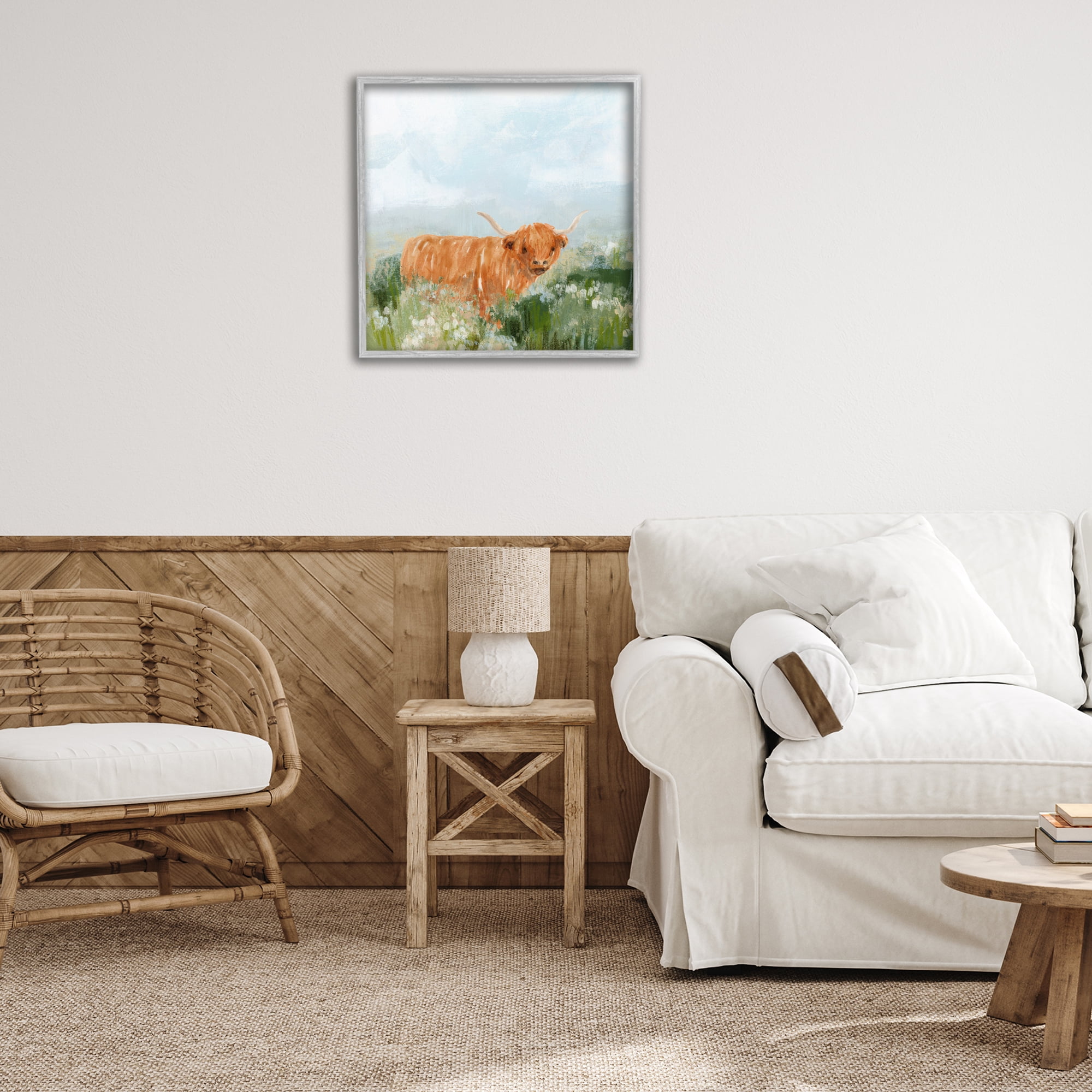 Stupell Industries Longhorn Cattle Country Field Animals & Insects Painting Gray Framed Art Print Wall Art, 24 x 24