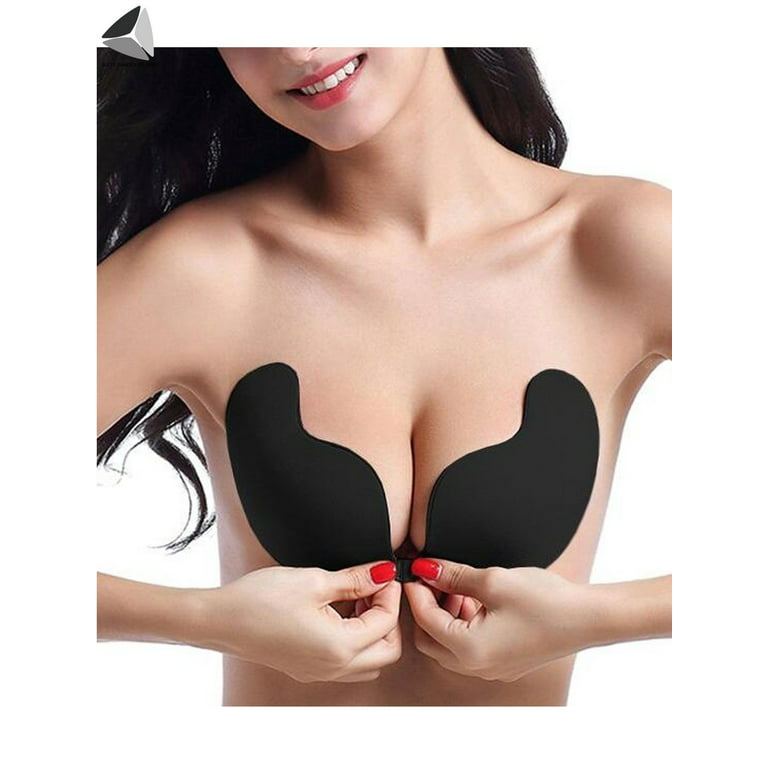 PULLIMORE Push Up Adhesive Bra Chest Gathered V Neck Silicone Bras  Strapless Backless Invisible Bras (Cup C, Black)