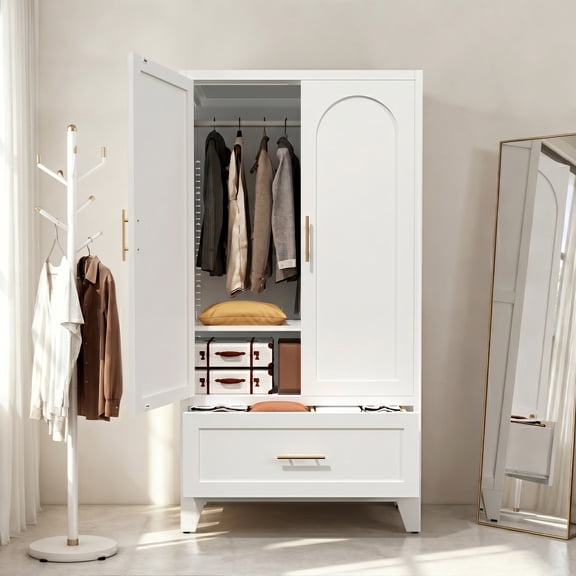 AISWORD 60" Tall Metal Wardrobe Cabinet with 1 Drawer and Hanging Rod, 2 Doors Closet with Adjustable Shelf, White