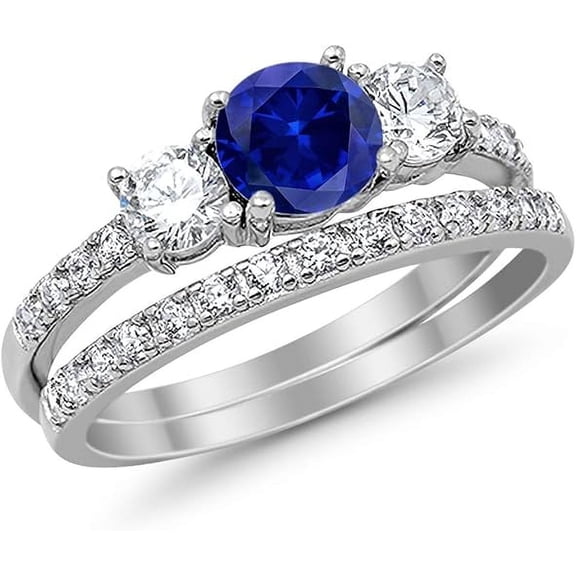 Gems Jewels 925 Sterling Silver 2.00 Ct Round Cut Blue Sapphire Christmas Thanksgiving Engagement Wedding Bridal Ring Set 14K White Gold Plated For Women's -4