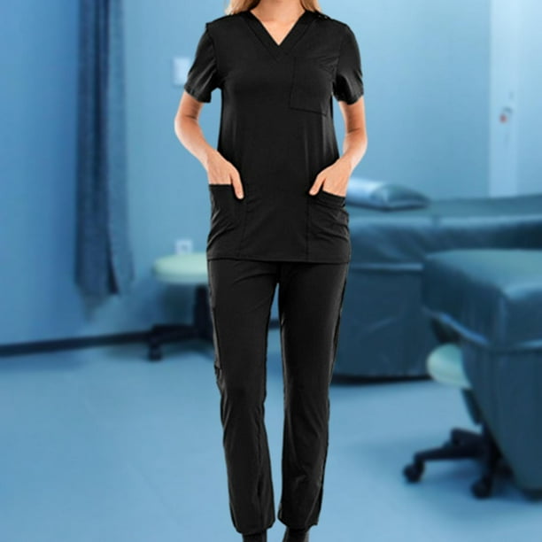 BELOVING Nursing Uniforms Scrub Set Nursing Work suits Nurse Top and Pants  Women Lightweight Short Sleeve for SPA Pet Shop Cosmetology Black XXL 