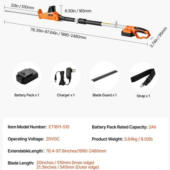 VEVOR Cordless  Hedge Trimmer 20V 1200RMP with 20in  Extendable Trimmer