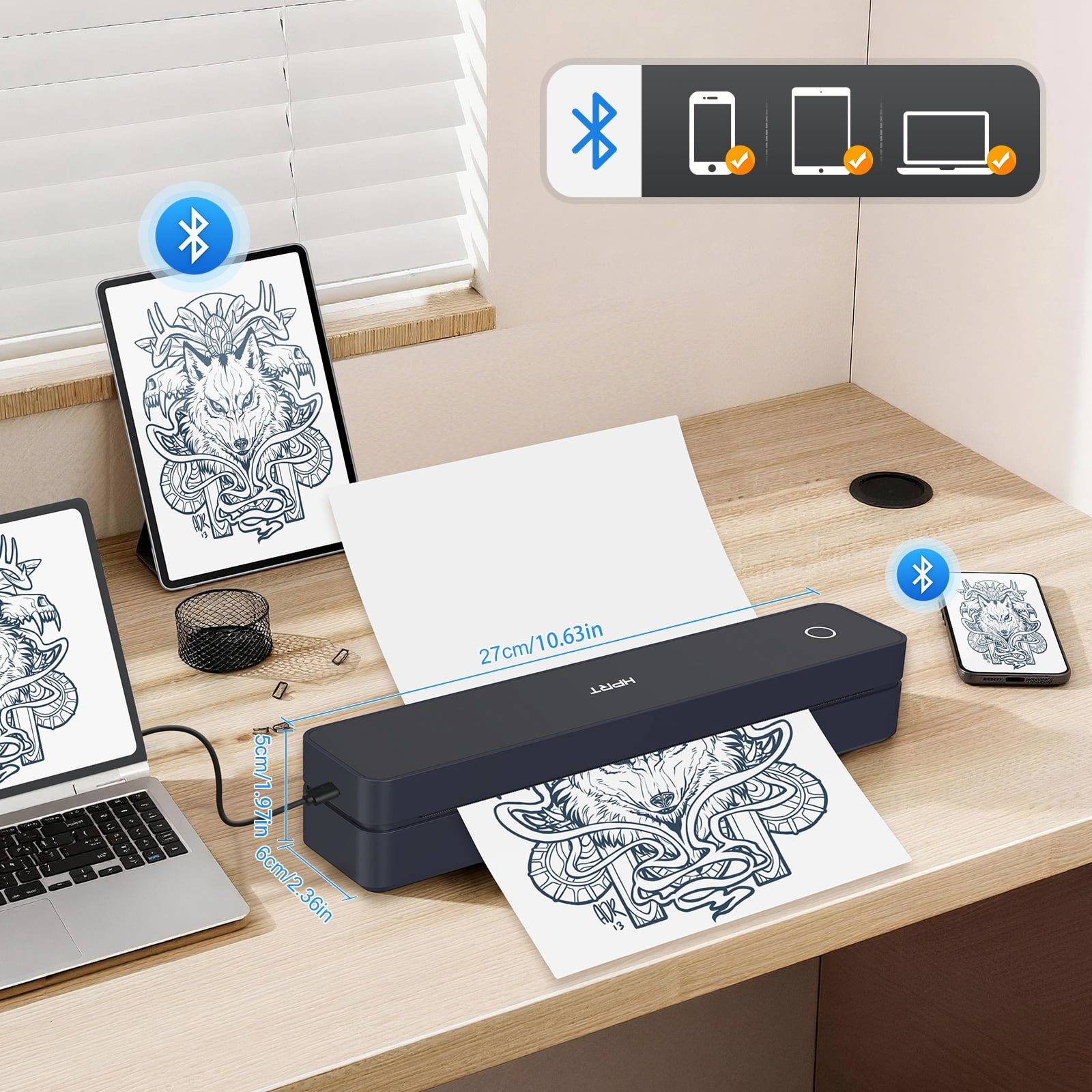 Shieny Tattoo Stencil Printer with 10pcs Transfer Paper, Thermal Printer ,107mm/210mm/216mm/ US Letter Thermal Paper for Tattoo Artists & Beginners, Compatible with Phone/Tablet/PC