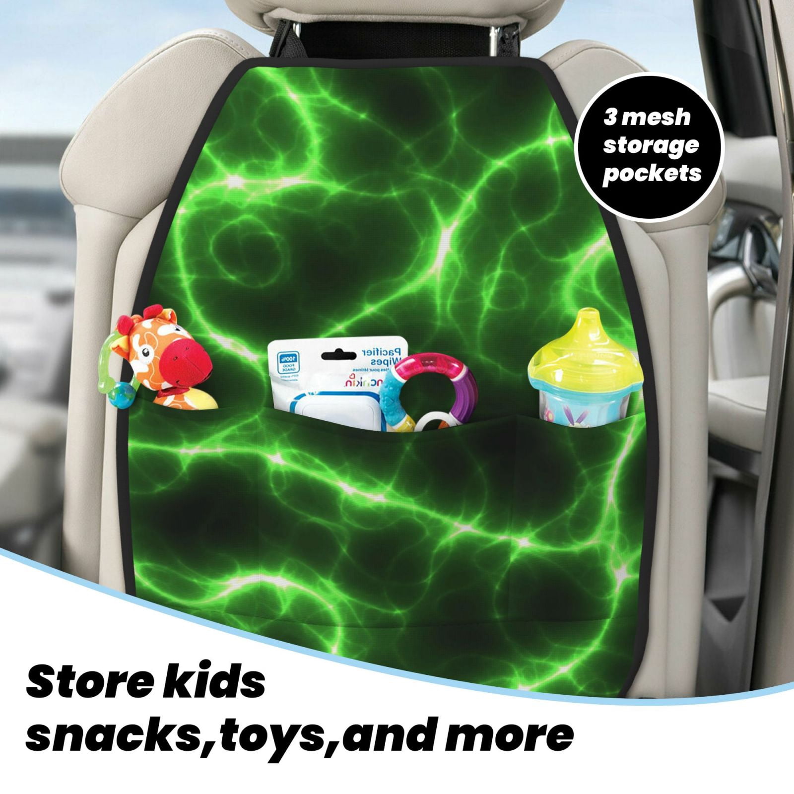 Xecao Green Lightning Pattern Car Seat Back Protector 2 Pack Large Capacity Pocket, Kick Mats Back Seat Protector