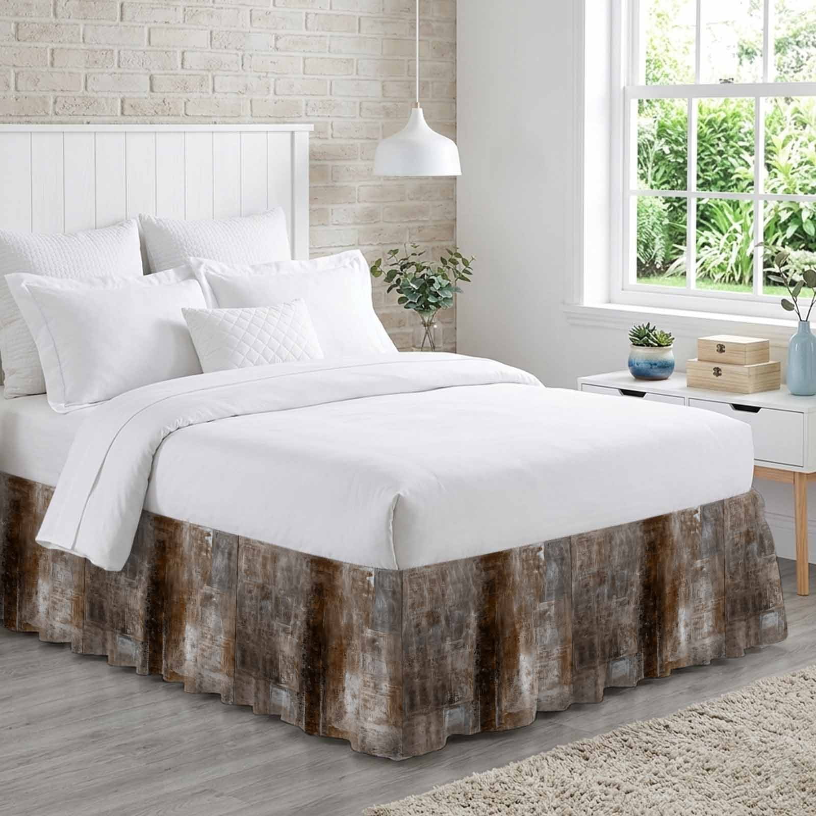 Brown Bed Skirt Queen Size 16 Inch Drop, Adjustable & Elastic Wrap Around Bed Skirts Pleated Dust Ruffles For Twin Full Queen Cal King Base Beds, Retro Oil Painting Modern Abstract Art Aesthetics