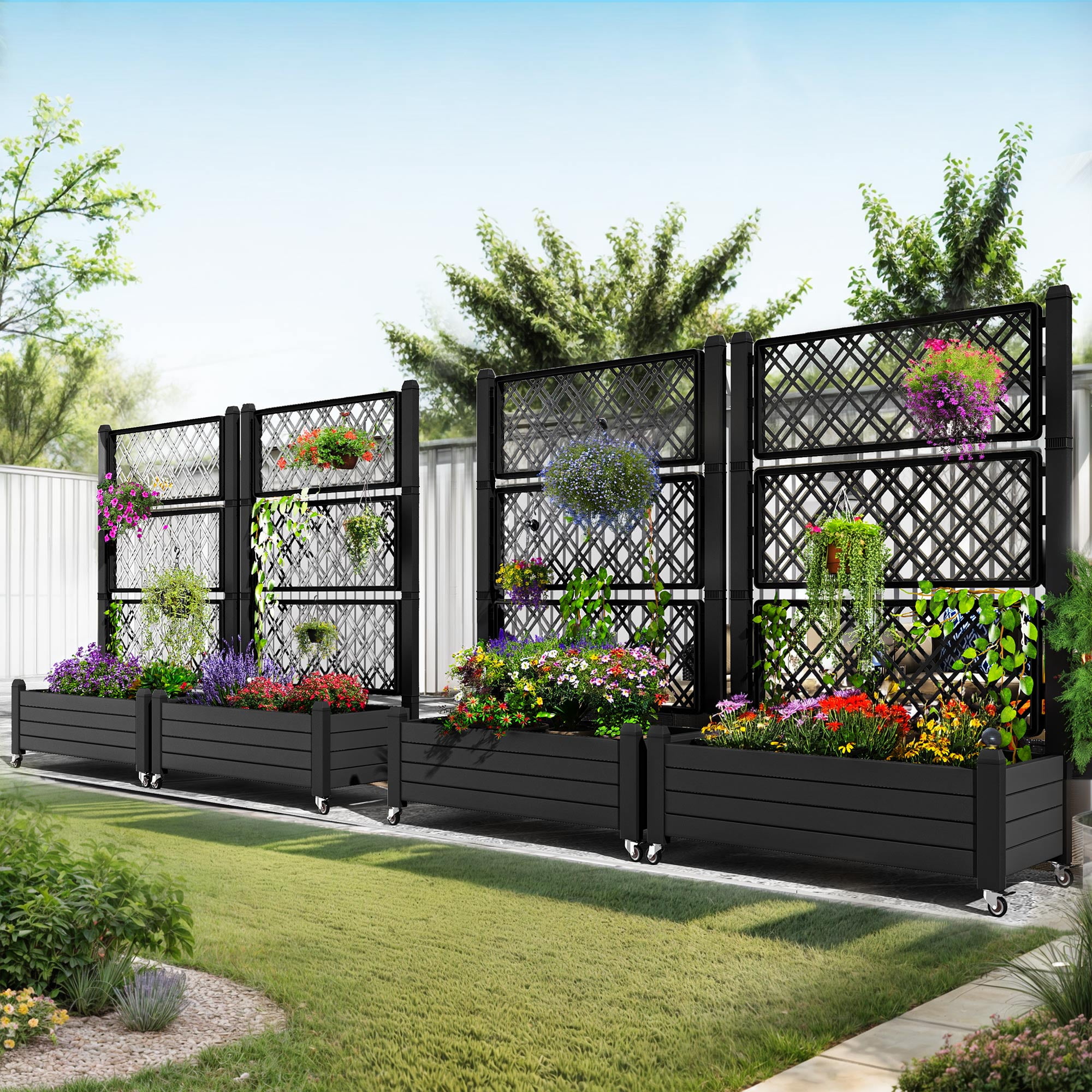 Uforic Large Planter Box Trellis, Outdoor Raised Garden Bed with Drain Plug and Lockable Wheels,for Climbing Plants, 3.6x1.5x5 FT-Black