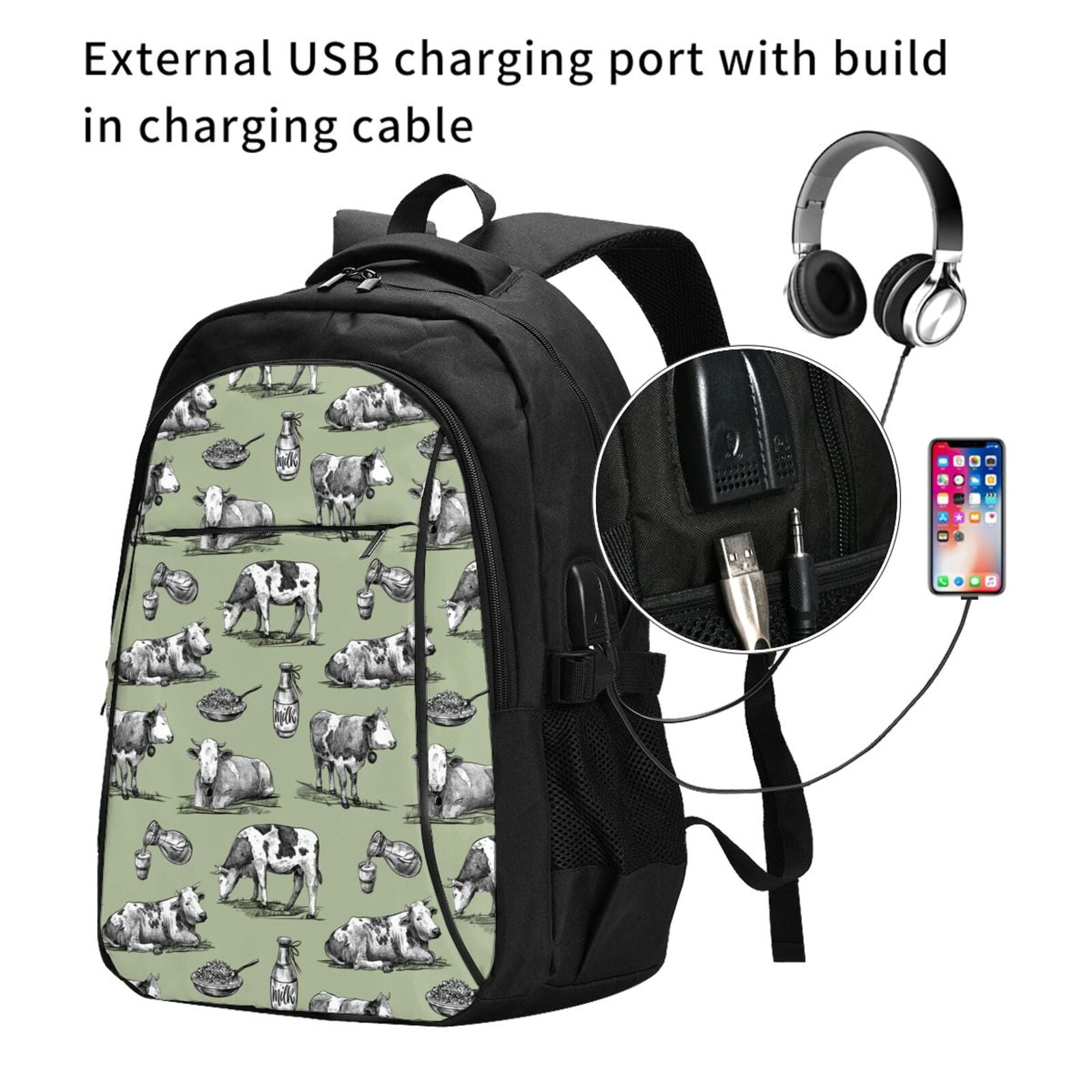 Vsdgher Farm Cows Print Travel Laptop Backpack, Laptops Backpack with USB Charging Port, Water Resistant Computer Bag Gift for Men & Women