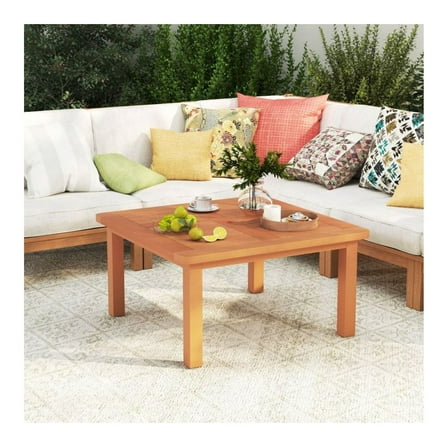 Outdoor Coffee Table with Umbrella Hole - 35.5" Square Wood Patio Table with Teak Oil Finish for Yard, Balcony, Bistro - 132 lbs Capacity