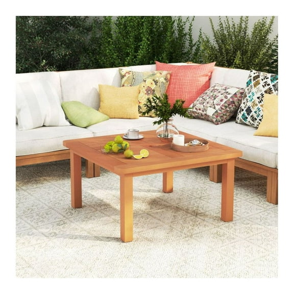 Outdoor Coffee Table with Umbrella Hole - 35.5" Square Wood Patio Table with Teak Oil Finish for Yard, Balcony, Bistro - 132 lbs Capacity