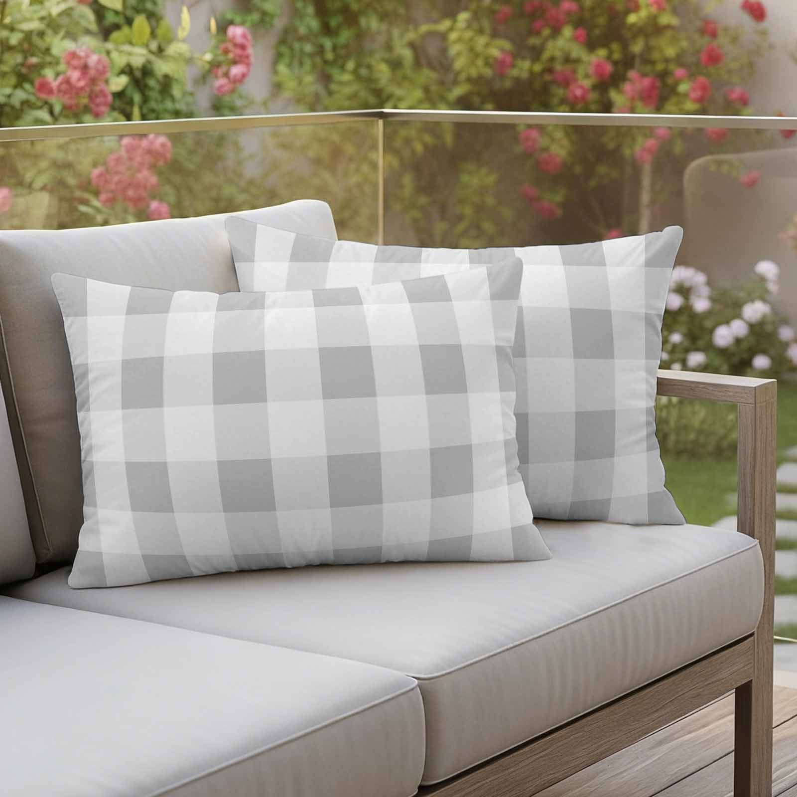 Buffalo Grey Plaid Pillow Covers 2 Pack Spring Simple Pattern Pillowcase Waterproof Outdoor Throw Pillow Cover for Patio Balcony Rectangular Cushion 20”x12”