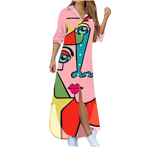 Vestido largo dividido de camisa de manga larga de un solo pecho con botón estampado de solapa informal para mujer Pompotops hdfakjf9525