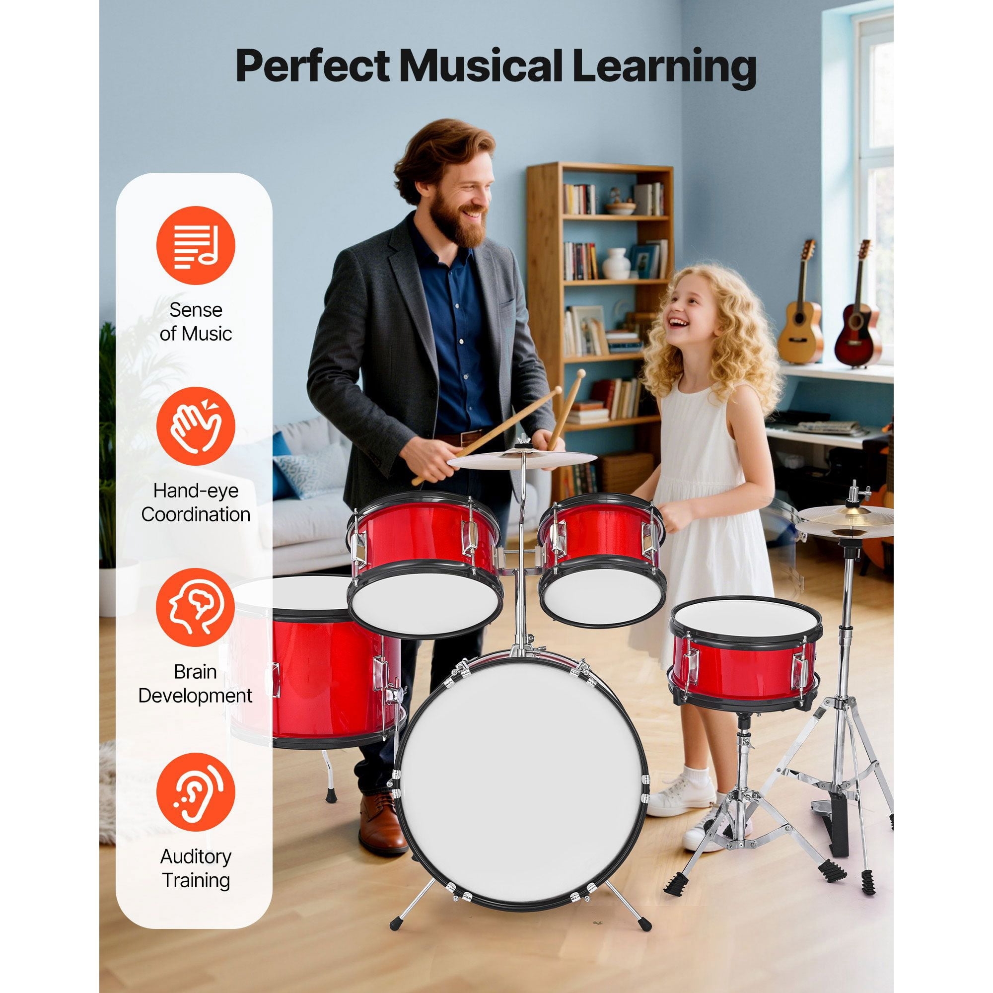 Kids Drum Set, 5-Piece 16 in Junior Drum Sets, Beginner Drums Set with Adjustable Throne, Cymbal & Two Pairs of Drumsticks, Musical Learning Drums Instruments Kit, for Children Ages 6-13 (Red)