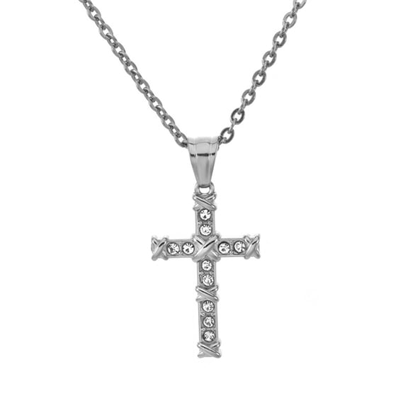 PAMTIER Cross Necklace Stainless Steel Crystal Pendant Statement Jewelry for Women Men Classic Inspired Silver with Chain