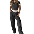 thumbnail image 2 of Womens Loungewear Ribbed Set, Cropped T-Shirt Drawstring Wide Leg Pants, Daily Streetwear Sports Outfits Dark Gray S, 2 of 5