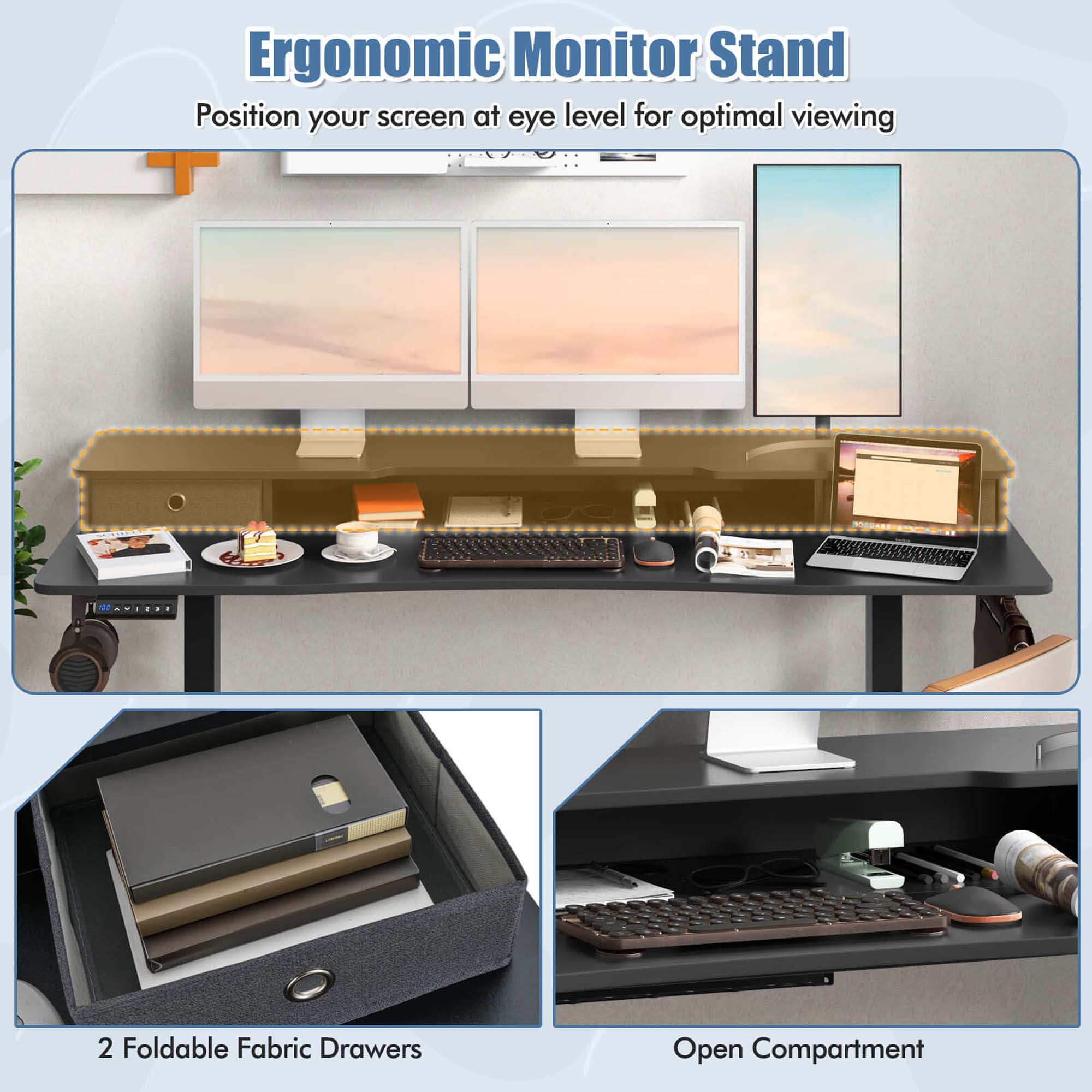 Costway 63" x 24" Electric Standing Desk with 2 Drawers Monitor Stand Storage Shelf Black