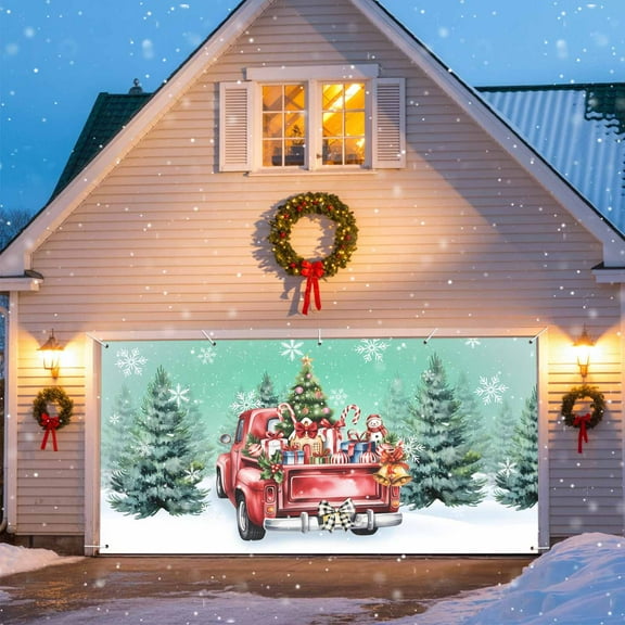 Christmas Gift Garage Door Banner Covers, Red Truck Colored Ball Tree Snowflake Winter Large Hanging Indoor/Outdoor Backdrop Background for Christmas Winter Party Decor, 6x13 FT