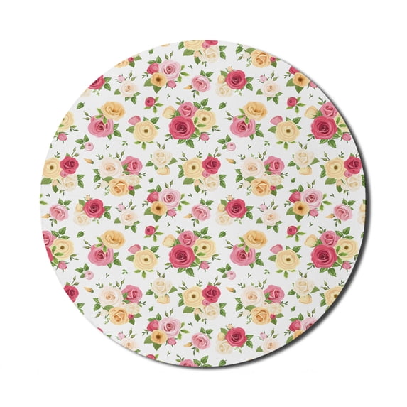 Floral Mouse Pad for Computers, Warm Tones Designed Vintage Flowers and Leaves Illustration Art Print, Round Non-Slip Thick Rubber Modern Gaming Mousepad, 8" Round, White and Multicolor, by Ambesonne