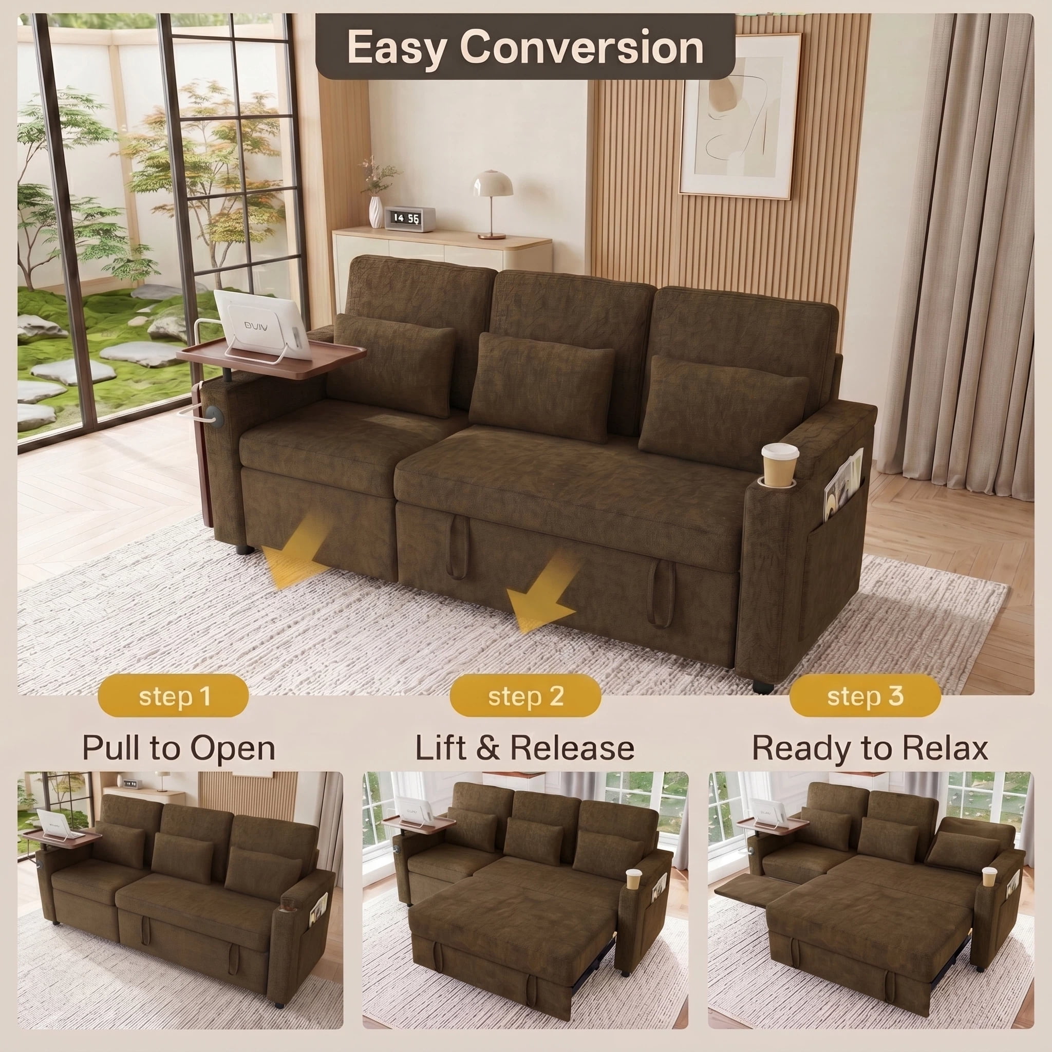 AISWORD 83" 3-in-1 Convertible Pull Out Sofa Bed, 6 Position Adjustable Sleeper Couch with USB Ports, Laptop Table, Cup Holders & Side Storage Pockets, Khaki