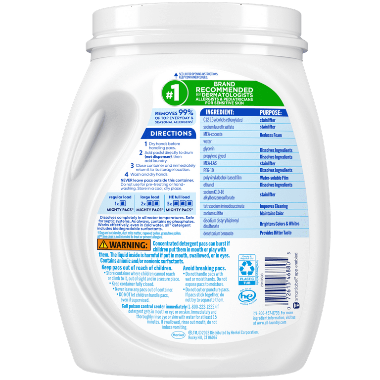 all Mighty Pacs Laundry Detergent Pacs Free Clear for Sensitive Skin Unscented and Dye Free 60 Count