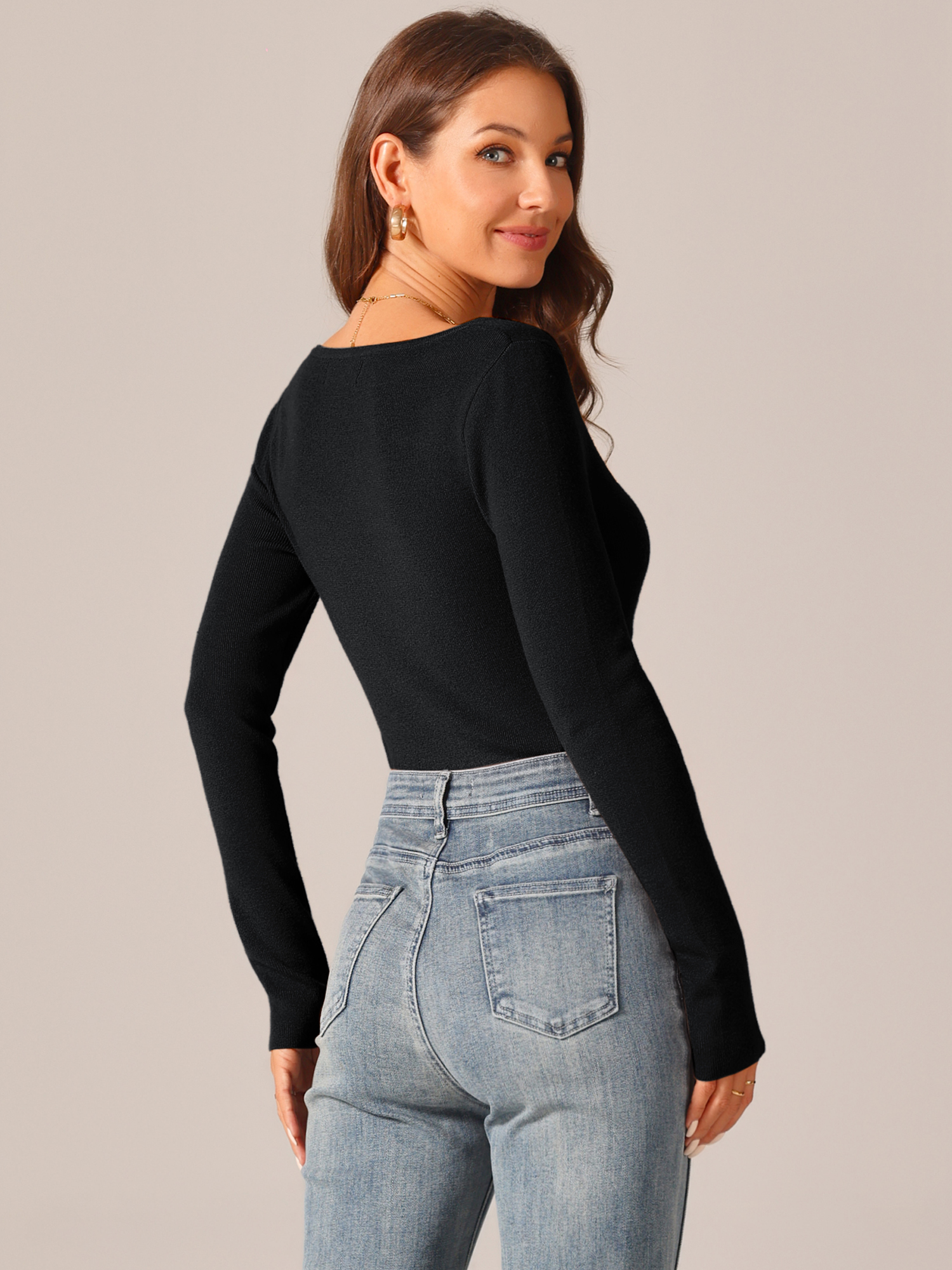 DARING DIVA Square Neck Sweater Bodysuit Blouse Tops M Black