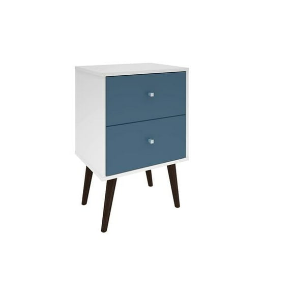 Liberty Mid Century - Modern Nightstand 2 with Solid Wood Leg 2 Full Extension Drawers in White & Aqua Blue