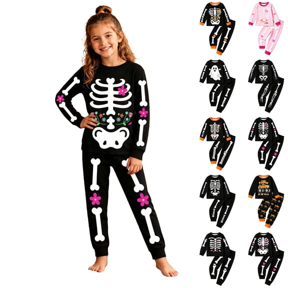 Halloween Pjs for Girls Crew Neck Skeleton Pajama Long Sleeve Cute Print Soft Sleepwear Kids Loungewear Pajamas for Girls Size 2-10 Years