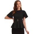 thumbnail image 1 of Blusa peplum para mujer, cuello redondo, manga acampanada, cintura con cinturón, blusa de oficina Negro XL, 1 of 5