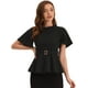 thumbnail image 1 of Blusa peplum para mujer, cuello redondo, manga acampanada, cintura con cinturón, blusa de oficina Negro XL, 1 of 5