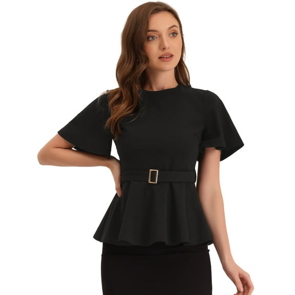 Unique Bargains Women's Peplum Round Neck Bell Sleeve Belted Waist Blouse S Black