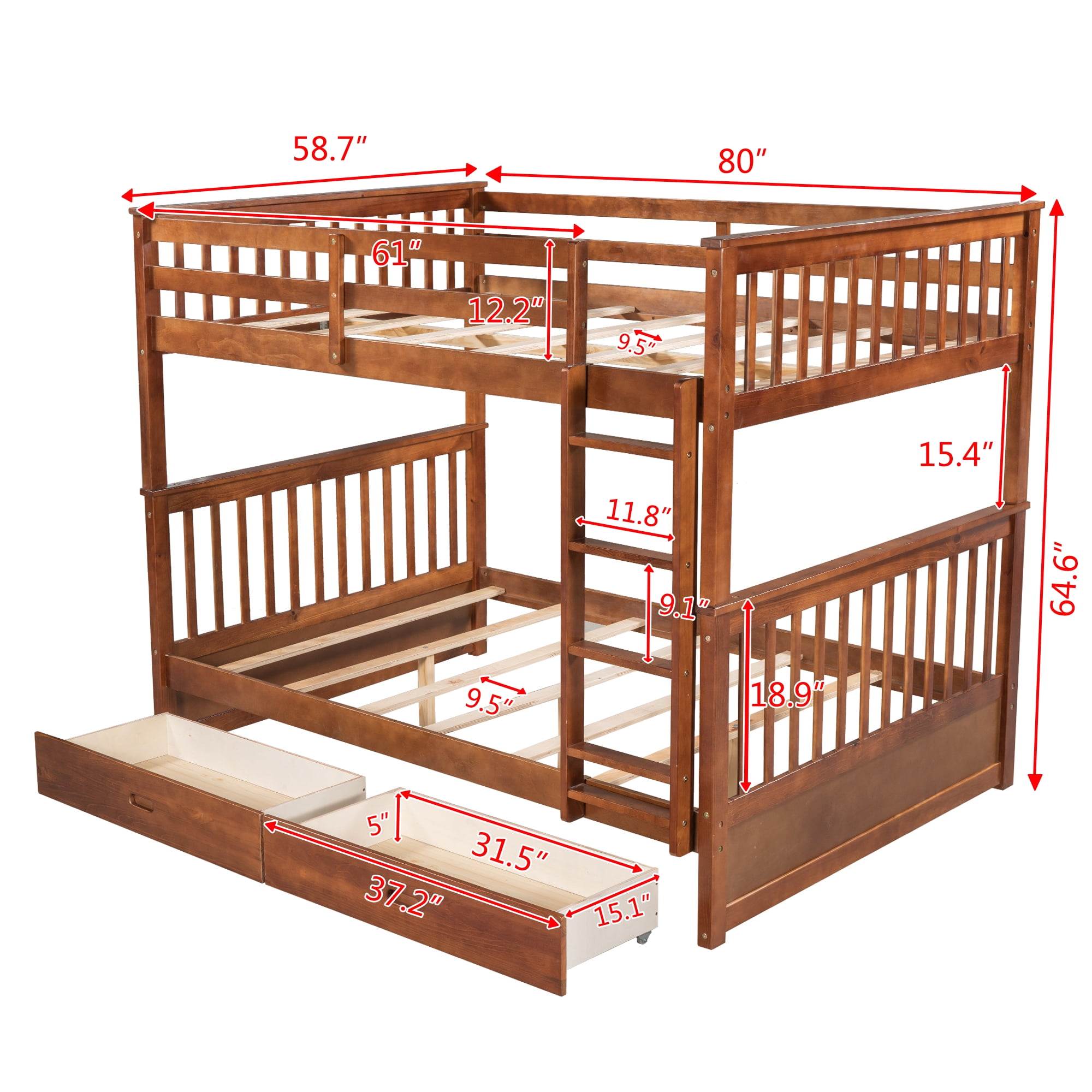 Aukfa Full over Full Bunk Bed with Two Storage Drawers, Wood Convertible Two Bed for Kids Teens - Walnut