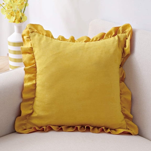 Nvzi Farmhouse Ruffles Throw Pillow Cover Super Soft Suede Decorative Lumbar Cushion Case Pillowcase for Sofa Couch Bed Chair Car (Yellow, 18"x18")
