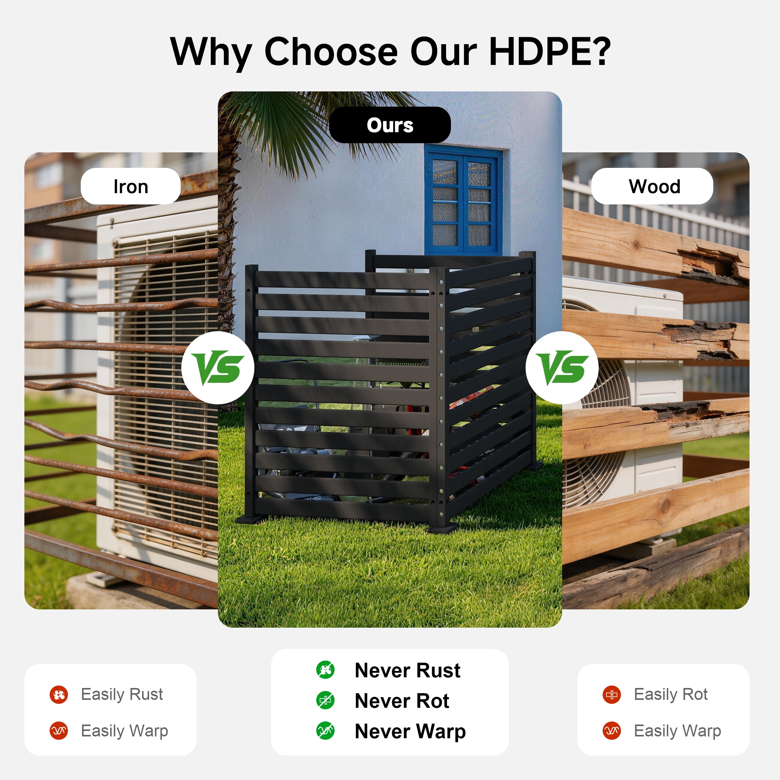 Amoveo Outdoor Privacy Screen Fence, 38"W x 48"H HDPE Weather-Resistant Fence for AC Units and Trash Cans, Includes Ground Stakes & Base Plates,2-Pack