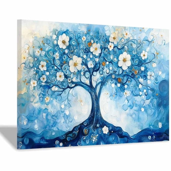Mudket Framed Canvas Wall Art Blue Swirl Tree of Life White Flower Gold Fleck Prints Wall Decor Modern Botanical Canvas Print Ready to Hang for Living Room Bedroom Office - 36"L x 24"W