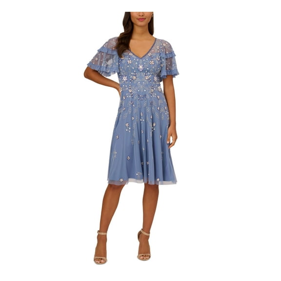 ADRIANNA PAPELL Womens Blue Beaded Ruffled Zippered Lined Sequined Short Sleeve V Neck Knee Length Party Fit Flare Dress 12