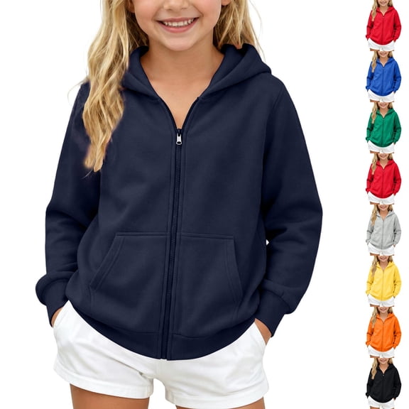 Resicozy Girls Zip Up Hoodie Sweatshirt Full Zipper Hoodies Jacket Y2K Fall Winter Fashion Solid Color Jackets with Pockets Navy 2XL