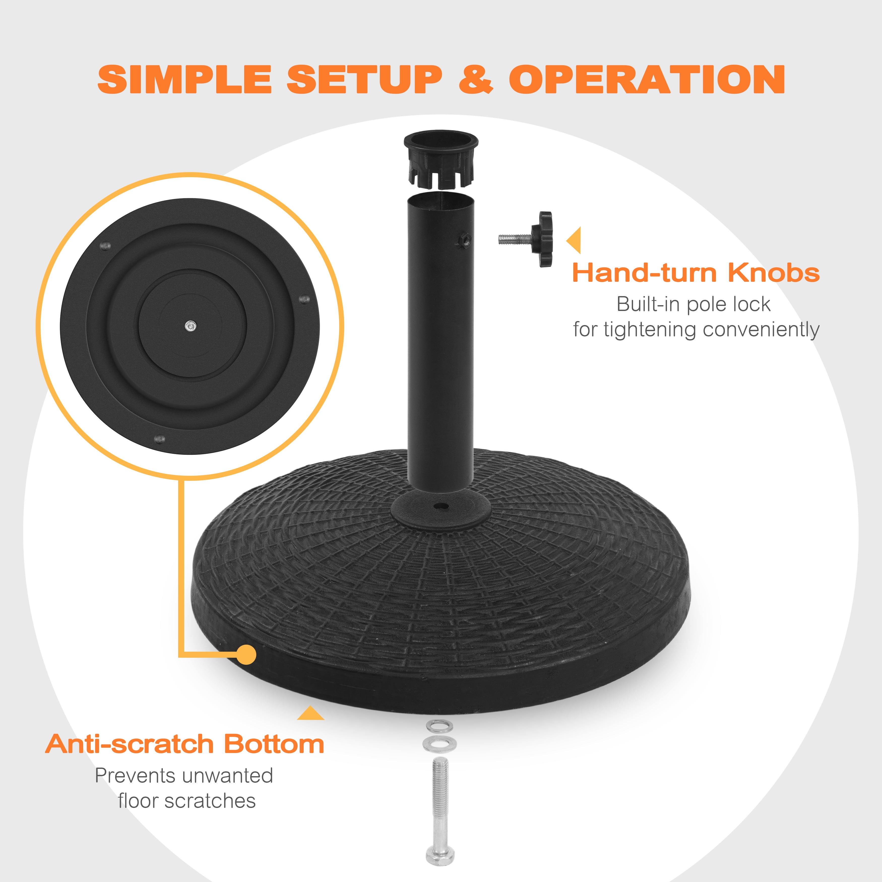Nuu Garden Outdoor 22 lb, 18'' Round Patio Umbrella Base, Weighted Umbrella Stand with Hand-turn Knob, Weather-resistant Resin and Concrete, for Patio Umbrellas with Φ1.5''-1.9'' Poles, Black