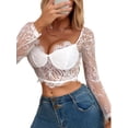 thumbnail image 4 of Seyurigaoka Women Summer Sexy Crop Tops, Long Sleeve V Neck See-through Lace Patchwork Navel Vest, 4 of 7