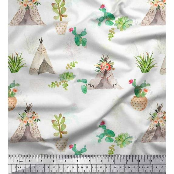 Soimoi White Cotton Cambric Fabric Cactus With Conical Pot Tree Fabric Prints By Yard 56 Inch Wide