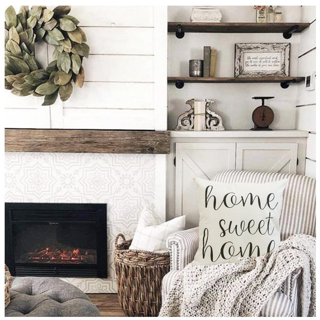 NYDECOR Farmhouse Pillow Covers 18x18 Set of 4 Rustic Family Throw Pillow Covers Quote Home Sweet Home Pillow Case This is Our Happy Place This is Us Cushion Cover Cotton Linen for Couch Sofa Bed